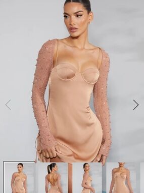 Oh Polly Blush Peach Satin Mini Dress with Embellished Sheer Sleeves